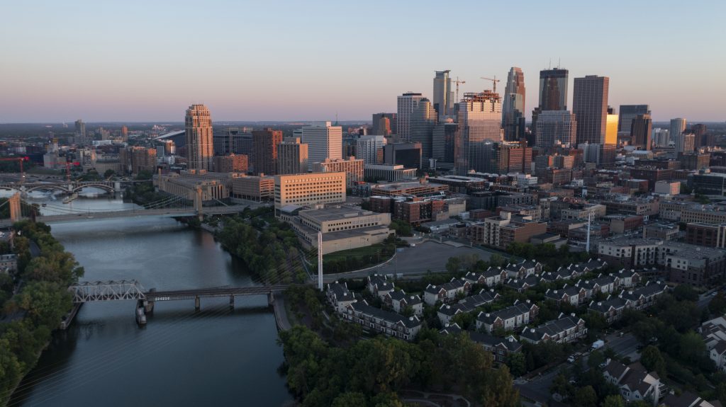 Aerial View Waterfront Downtown in Minneapolis Minnesota USA