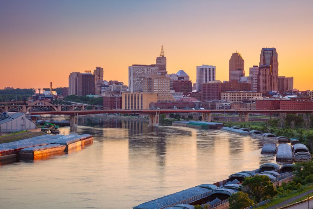 Saint paul minnesota skyline mississippi river Saint Paul, Minnesota skyline over the Mississippi River at sunrise
